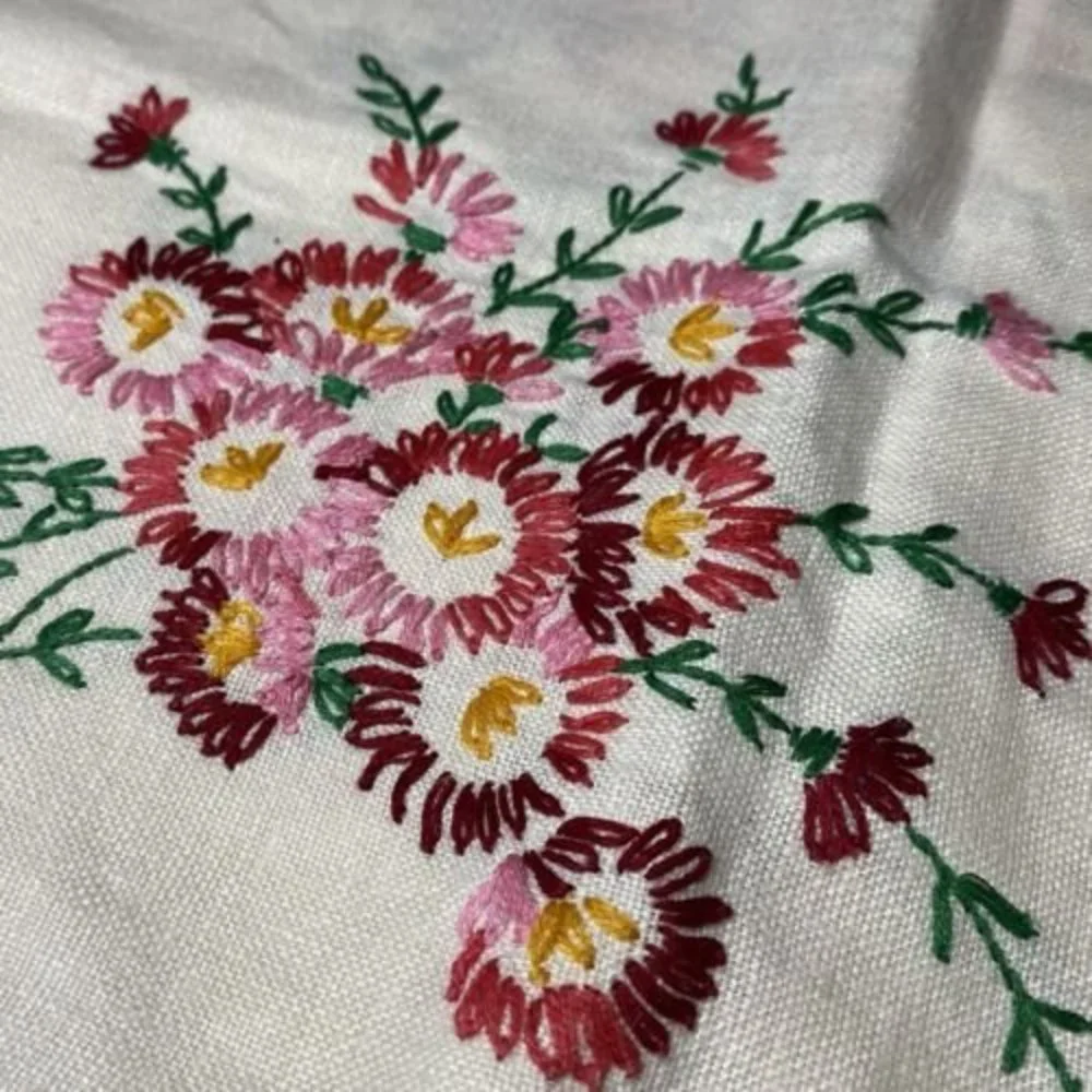 Vintage Dresser Scarf Table Runner Embroidered Floral Flowers Red Pink